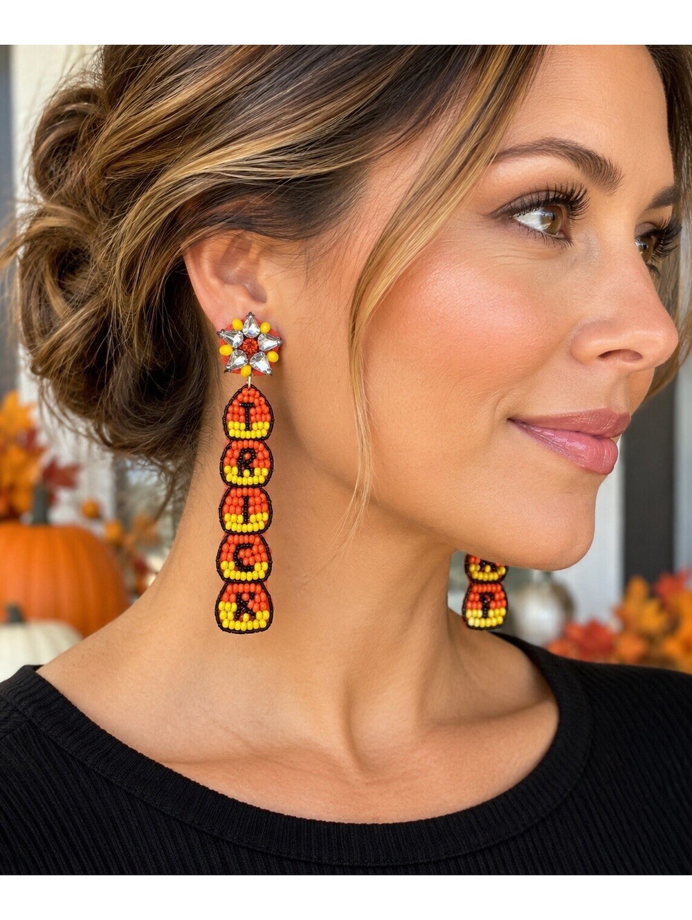 Viola Halloween Beaded Dangle Earrings Candy Corn Trick or Treat Rhinestone